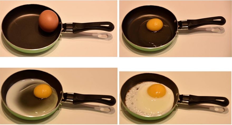 cuocere un uovo al tegamino. Man mano che aumenta la temperatura, le proteine contenute nel bianco dell'uovo denaturano cambiando aspetto e consistenza: da semiliquide e trasparenti diventano compatte e bianche